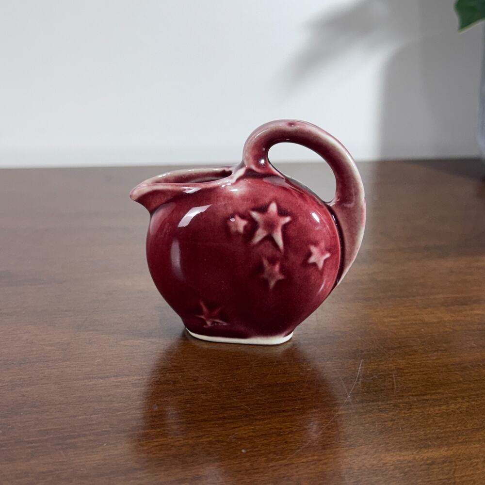 Vintage Shawnee Red Mini Creamer Pitcher USA Embossed Stars Loop Handle 2.5"